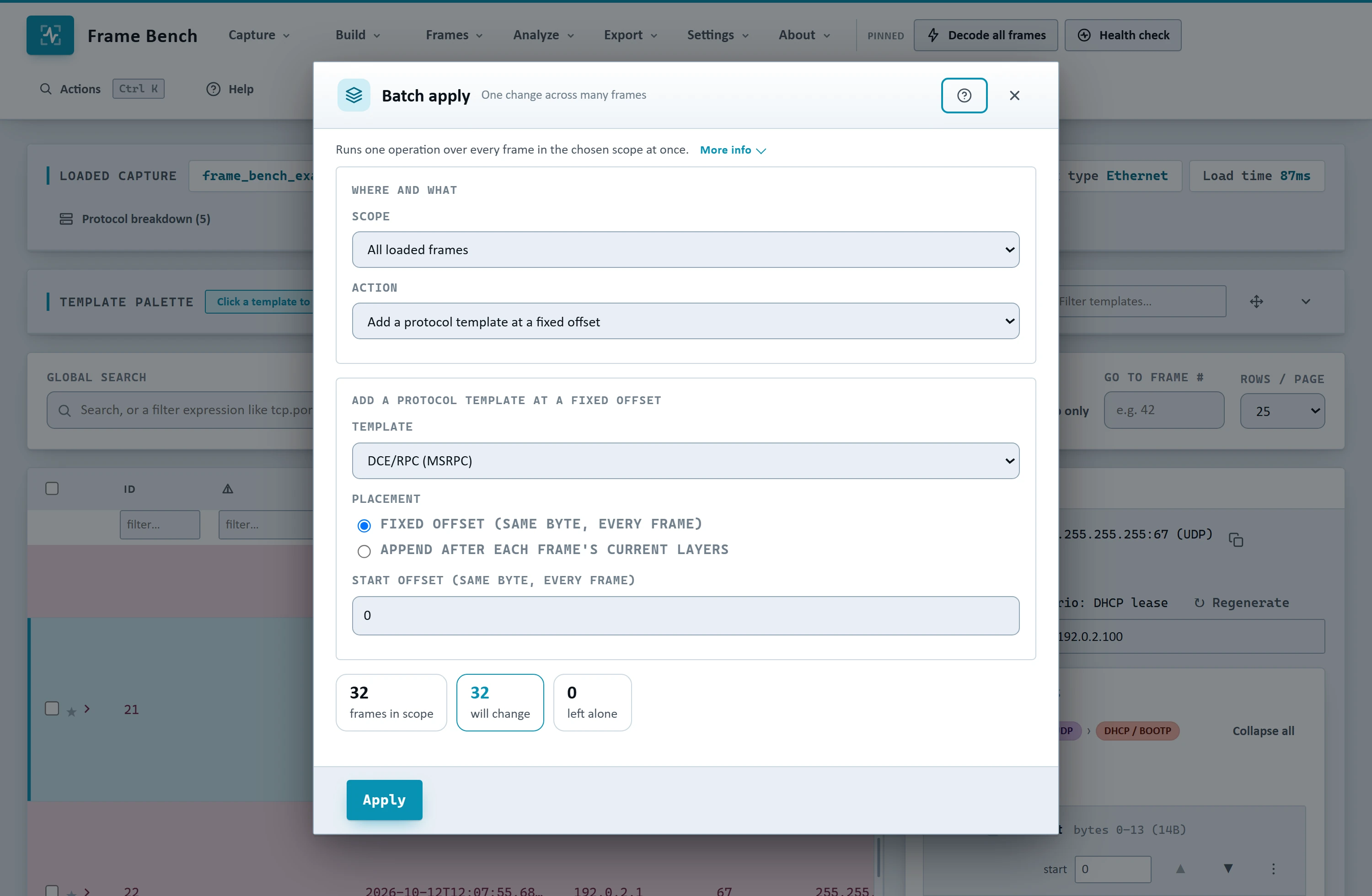 Frame Bench's Batch apply dialog, applying one template across every loaded frame
