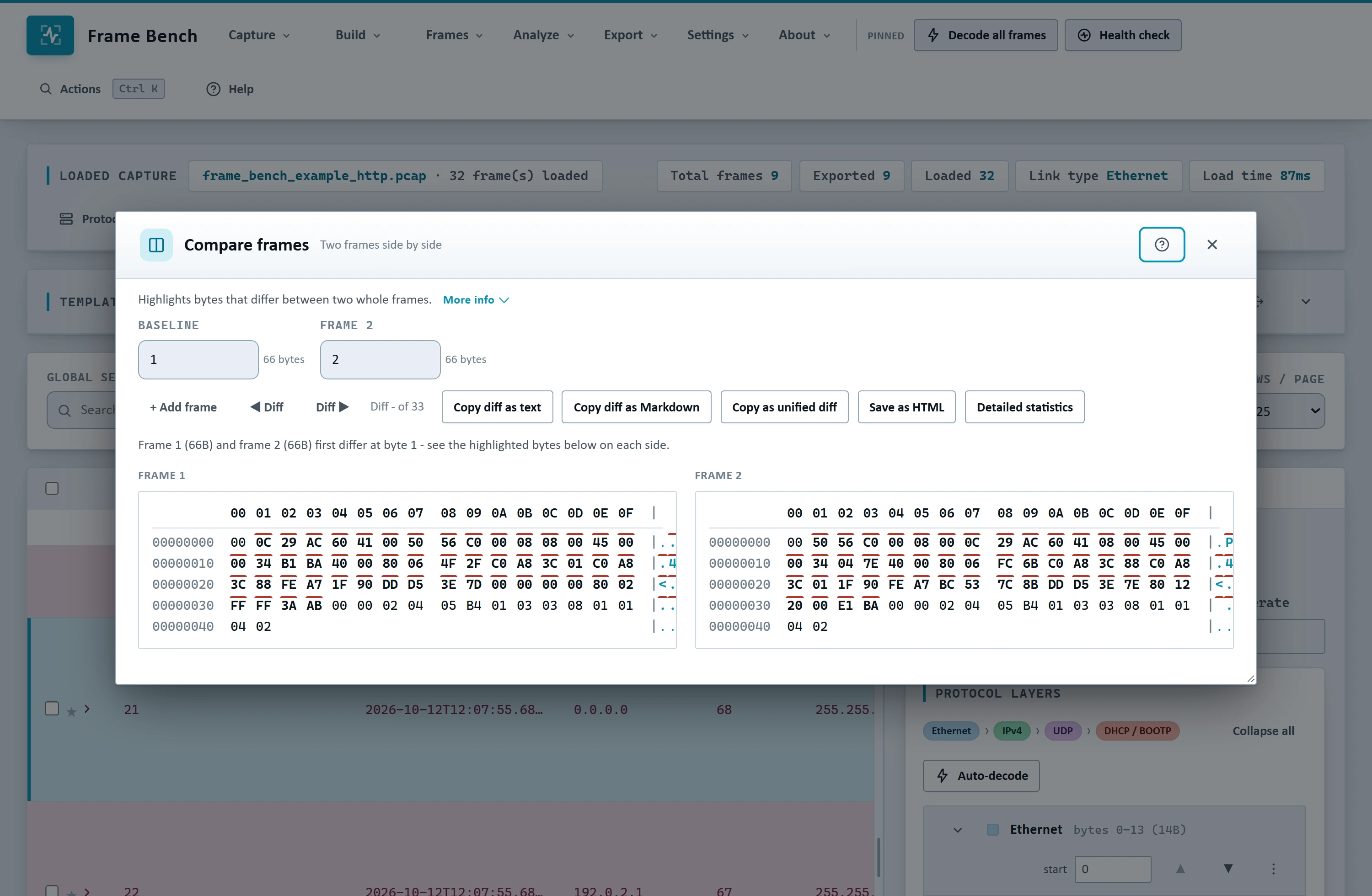 Frame Bench's Compare frames dialog showing a highlighted byte-level diff between two frames