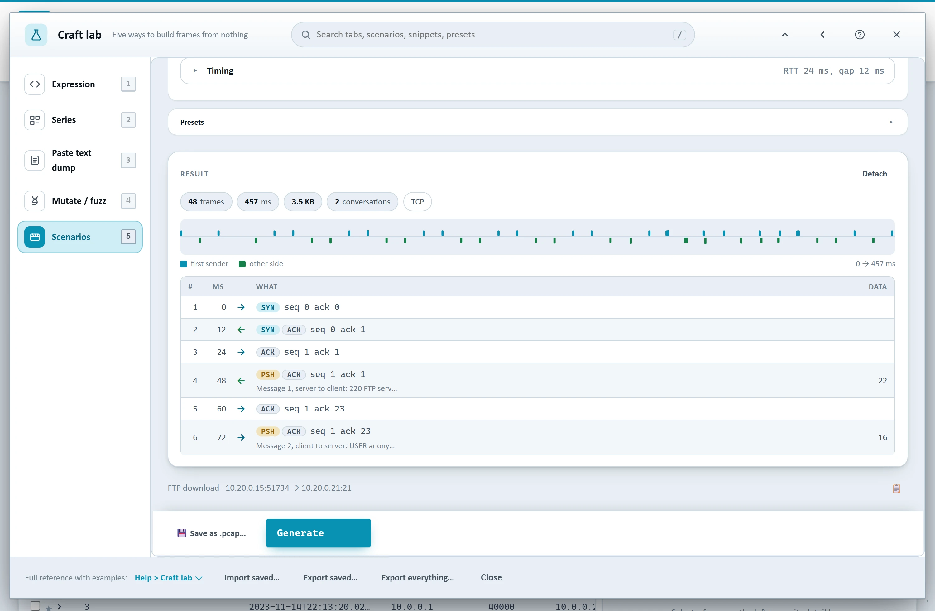 Frame Bench's Craft lab Scenarios tab with the FTP download scenario and a preview table listing each frame with its time in milliseconds, direction, protocol and TCP flags