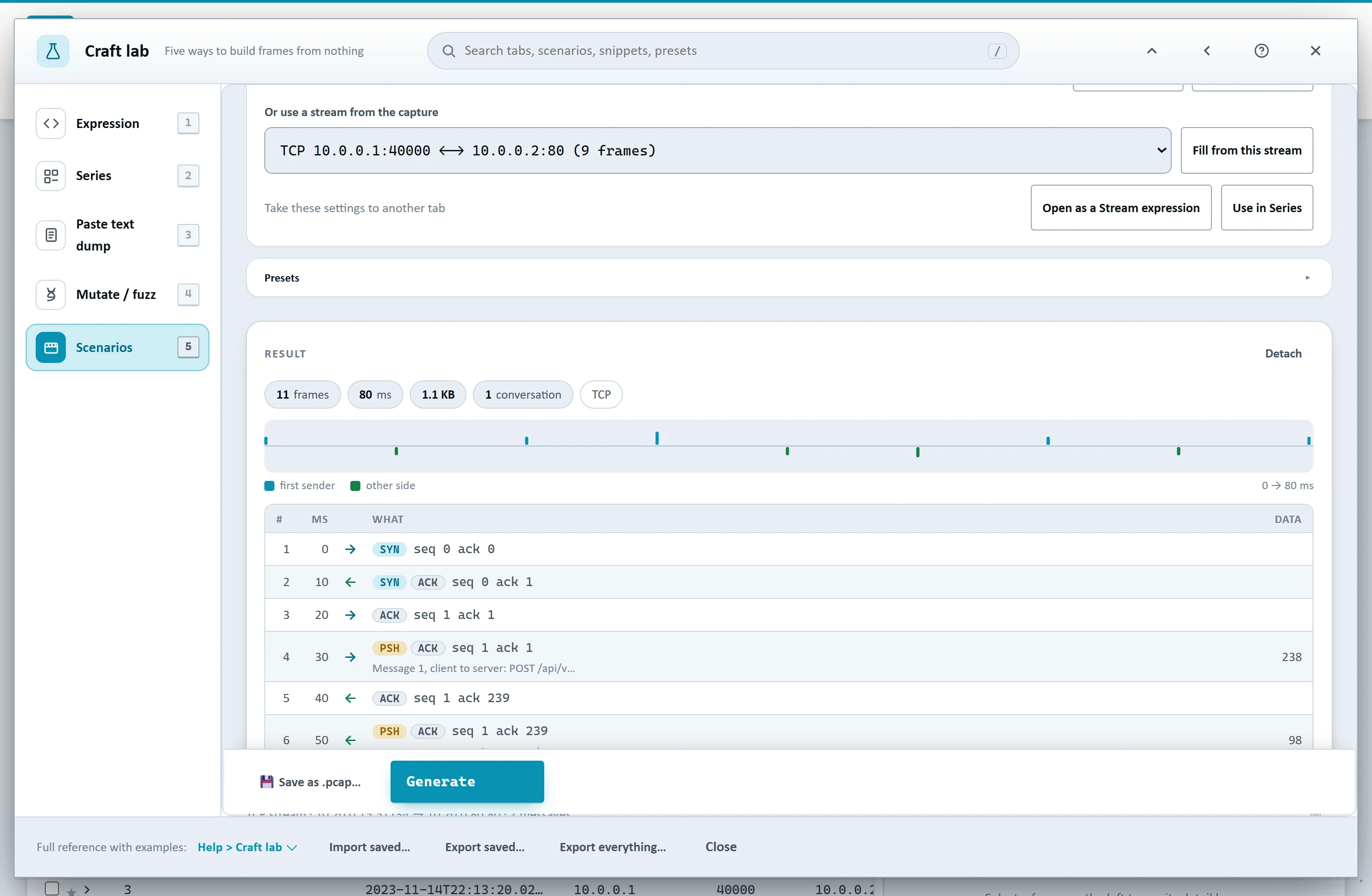 Frame Bench's Craft lab Scenarios tab with the TCP stream scenario, showing TCP options, network trouble and a typed HTTP request