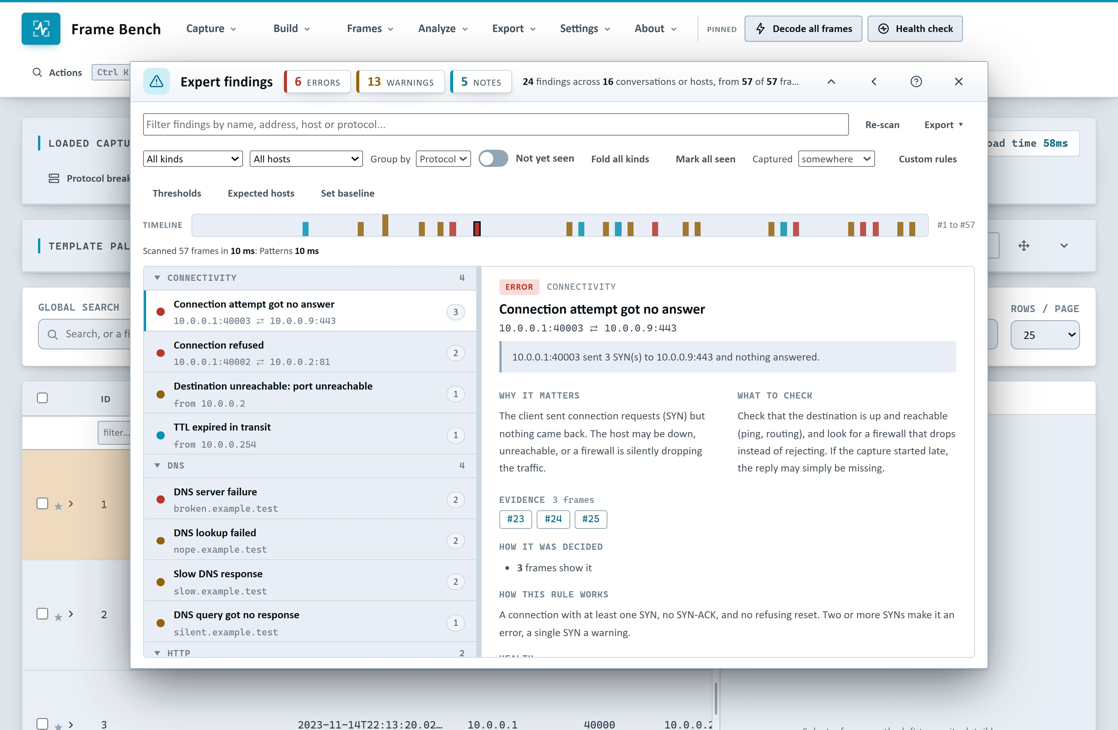 Frame Bench's Expert findings dialog listing errors and warnings such as a refused connection, a DNS server failure and a duplicate IP address, with an explanation and next steps for each