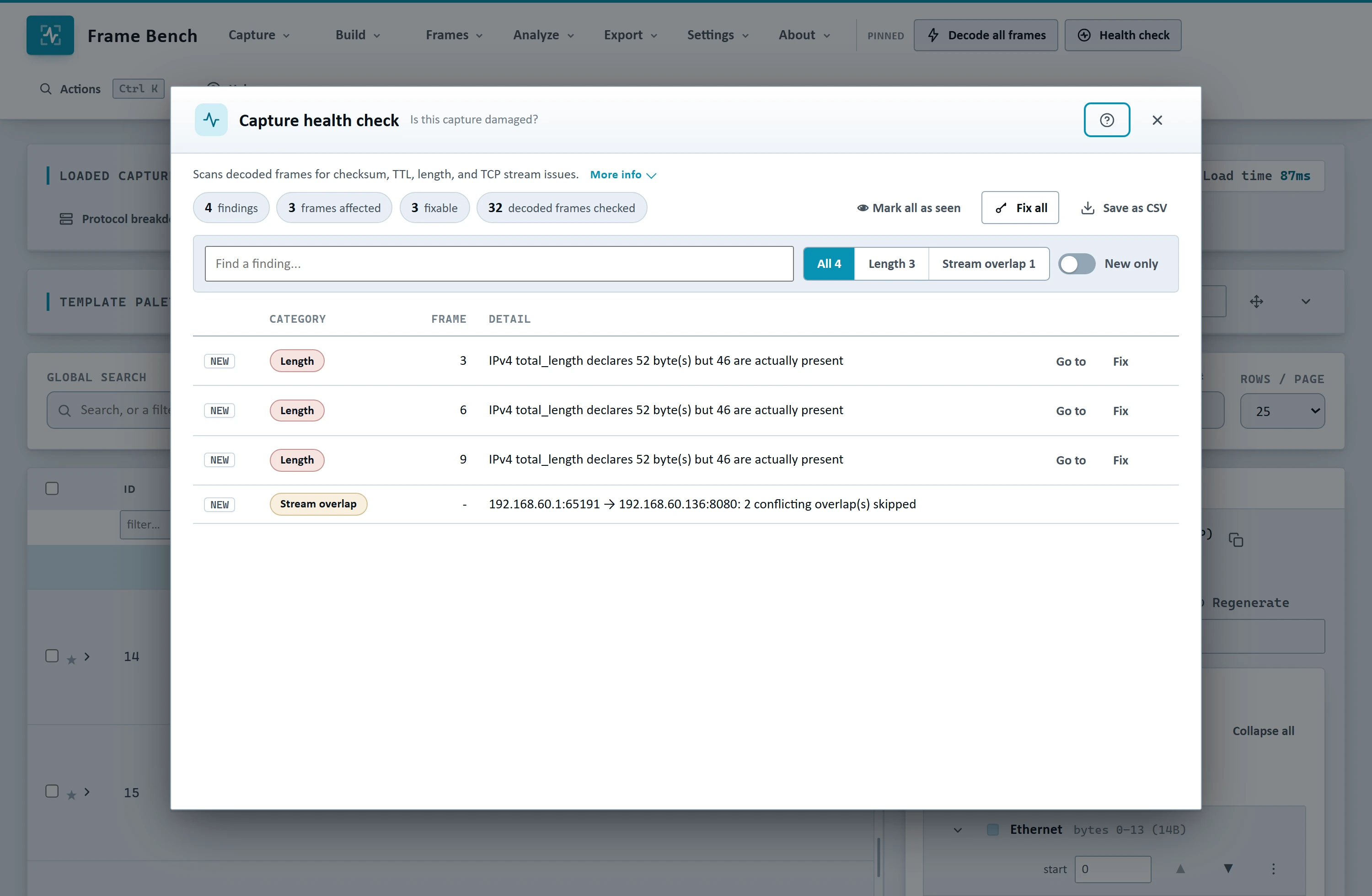 Frame Bench's Capture health check dialog listing three fixable length-mismatch findings