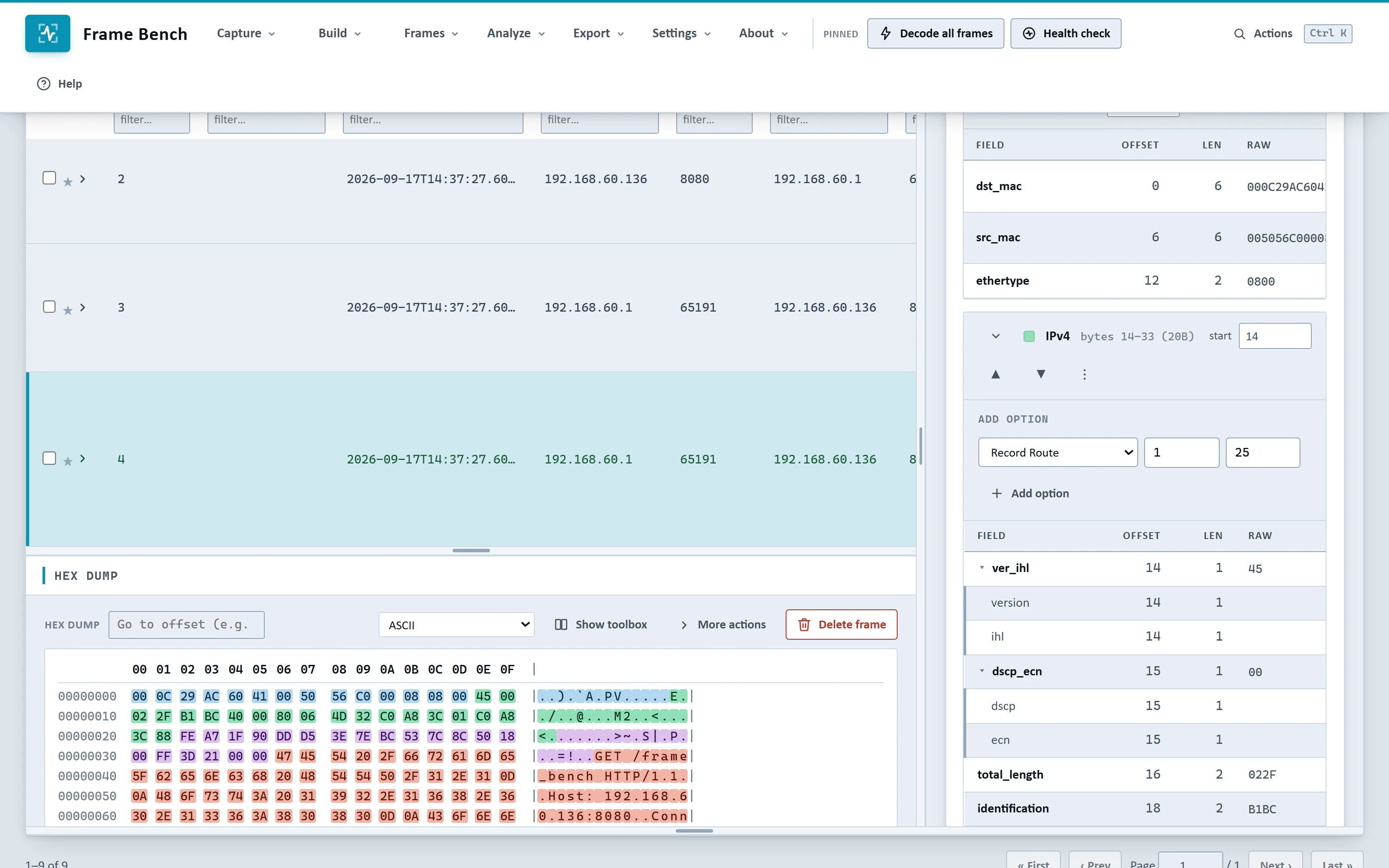 The whole Frame Bench window in the Split - beside layout: a color-coded frame table on the left, the hex dump below it, and the selected packet dissected layer by layer on the right