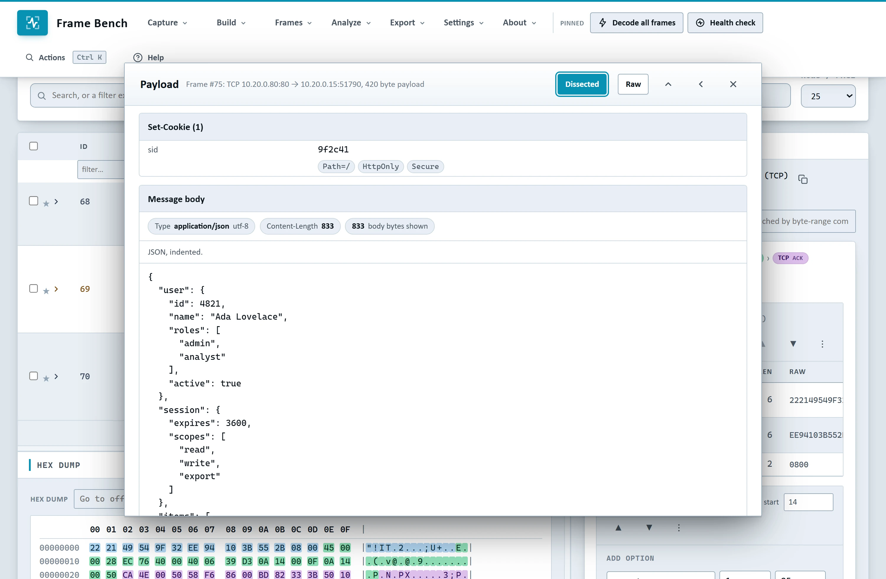 Frame Bench's Payload window showing an HTTP response put back together from three frames, with the Set-Cookie attributes and the indented JSON body