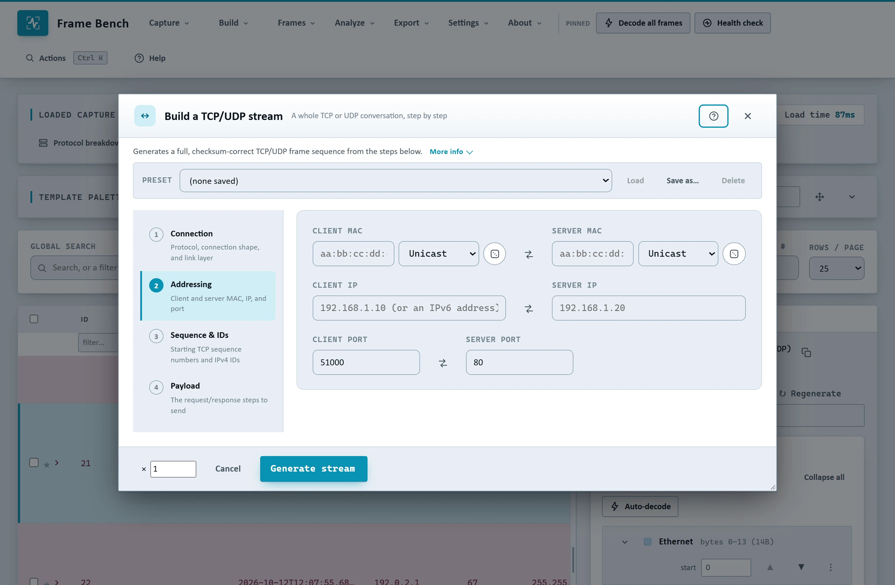 Frame Bench's Build a TCP/UDP stream dialog with aligned client/server MAC and IP fields