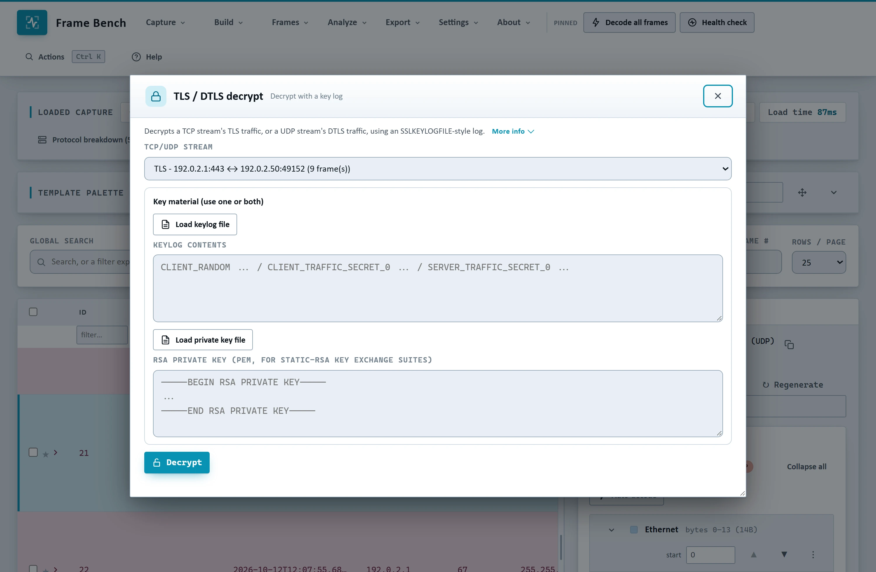 Frame Bench's TLS / DTLS decrypt dialog, with the detected TLS stream pre-selected